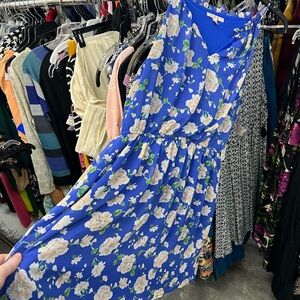 Skies Are Blue Floral A-Line Dress in Blue and White